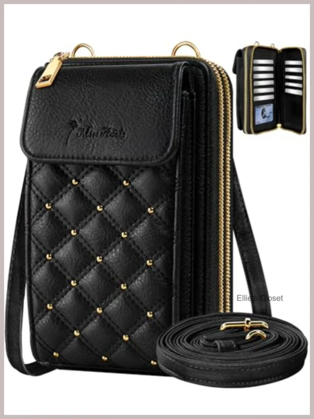 Vegan Leather Zipper Crossbody Cell Phone Purse with Card Slots, Adjustable